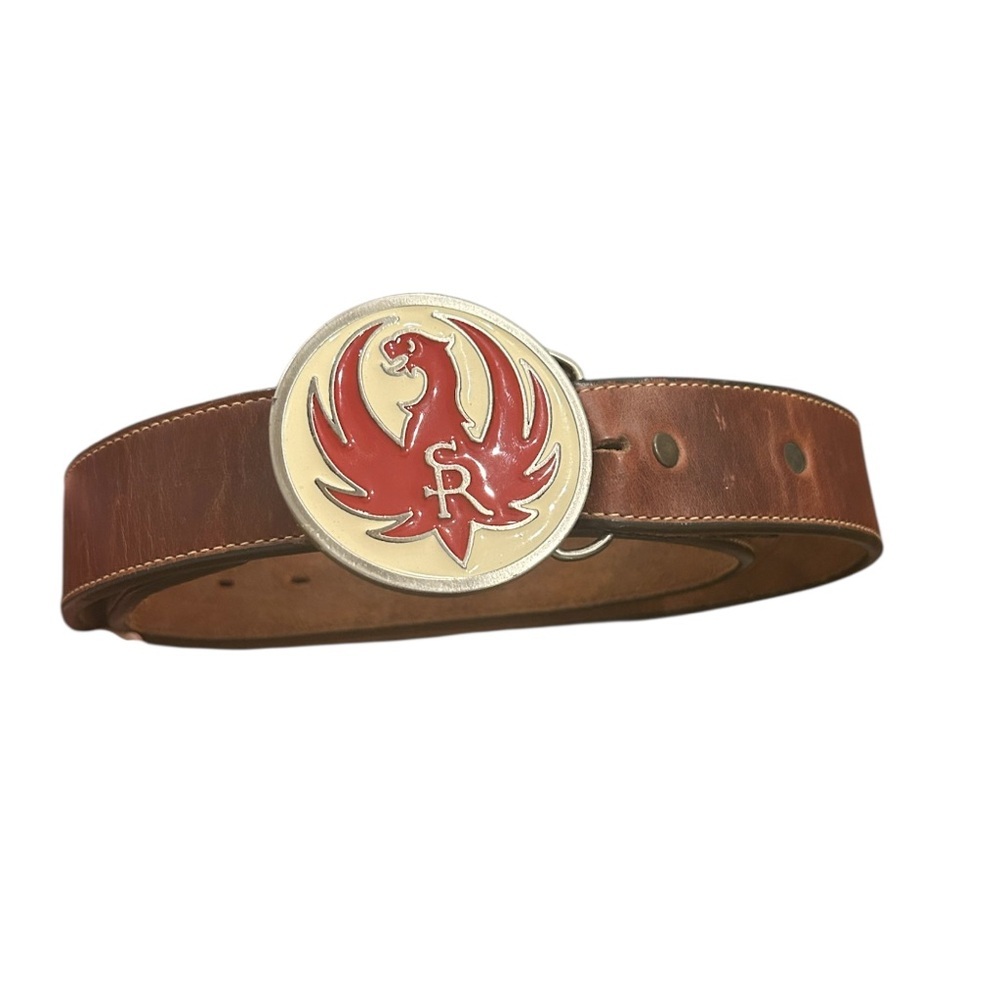 Vintage Sturm Ruger Firearm Phoenix Leather Belt & Buckle white red Ruger Eagle